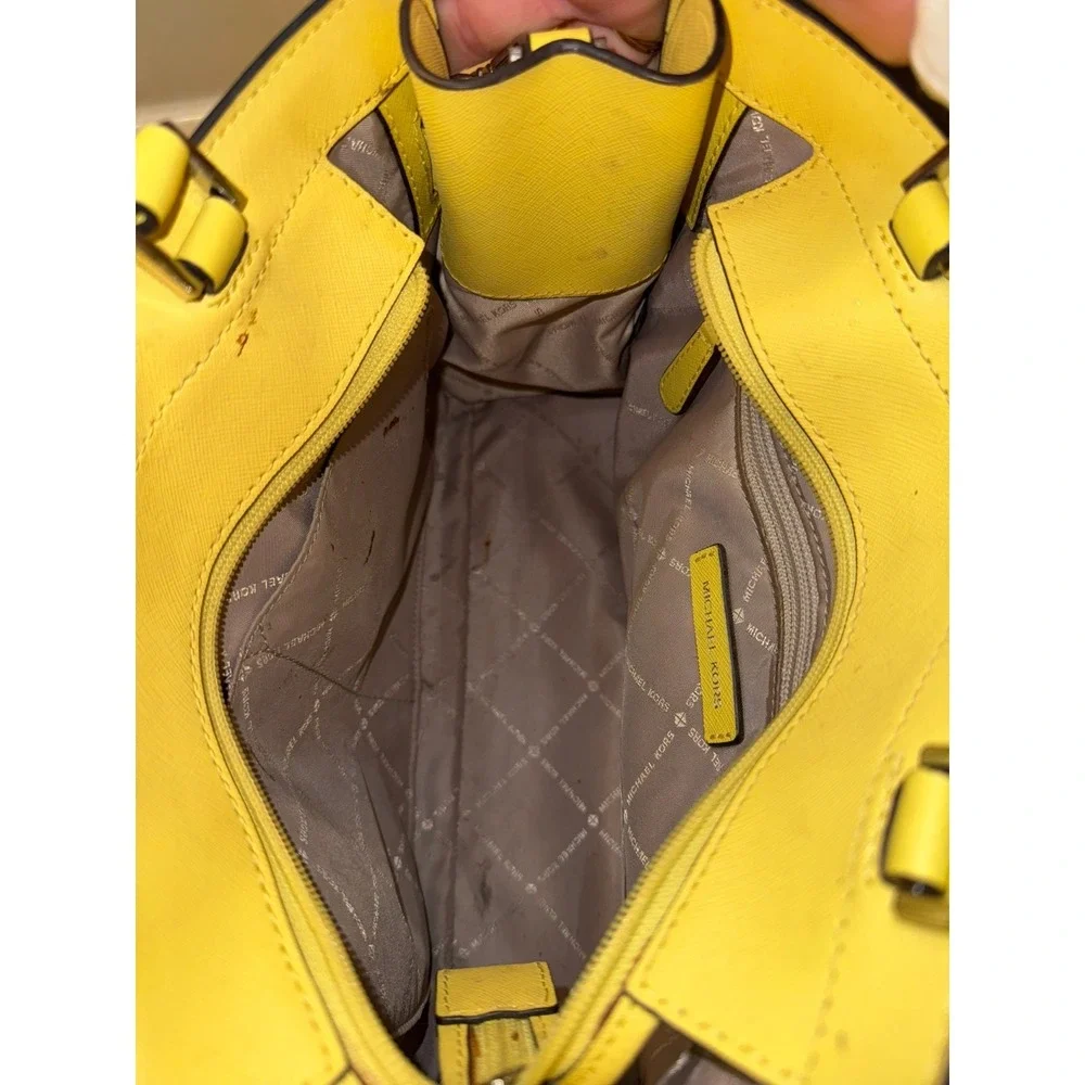Michael Kors Leather Dillon Satchel Yellow Sunflower Purse Tote Crossbody Charm